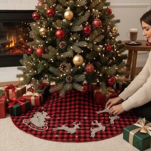 Jingles Joy Red Black Buffalo Plaid Christmas Tree Skirt Santa Sleigh Reindeer